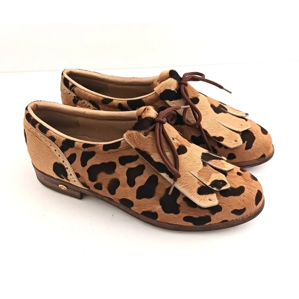 Walter Genuin Leopard Print Calf Hair Kiltie Brogue Golf Shoes Handmade Italy 7B